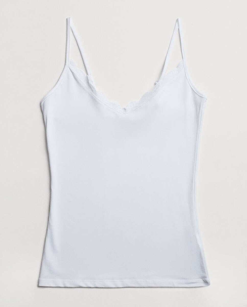 T-shirt Interior Básica Lencera de Alças Finas em Algodão Branco-4