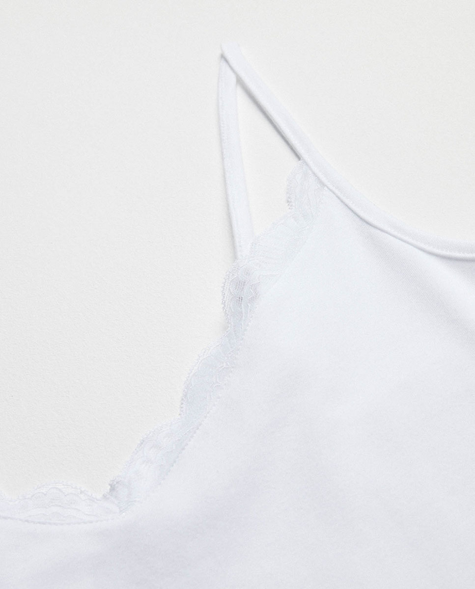 T-shirt Interior Básica Lencera de Alças Finas em Algodão Branco-5