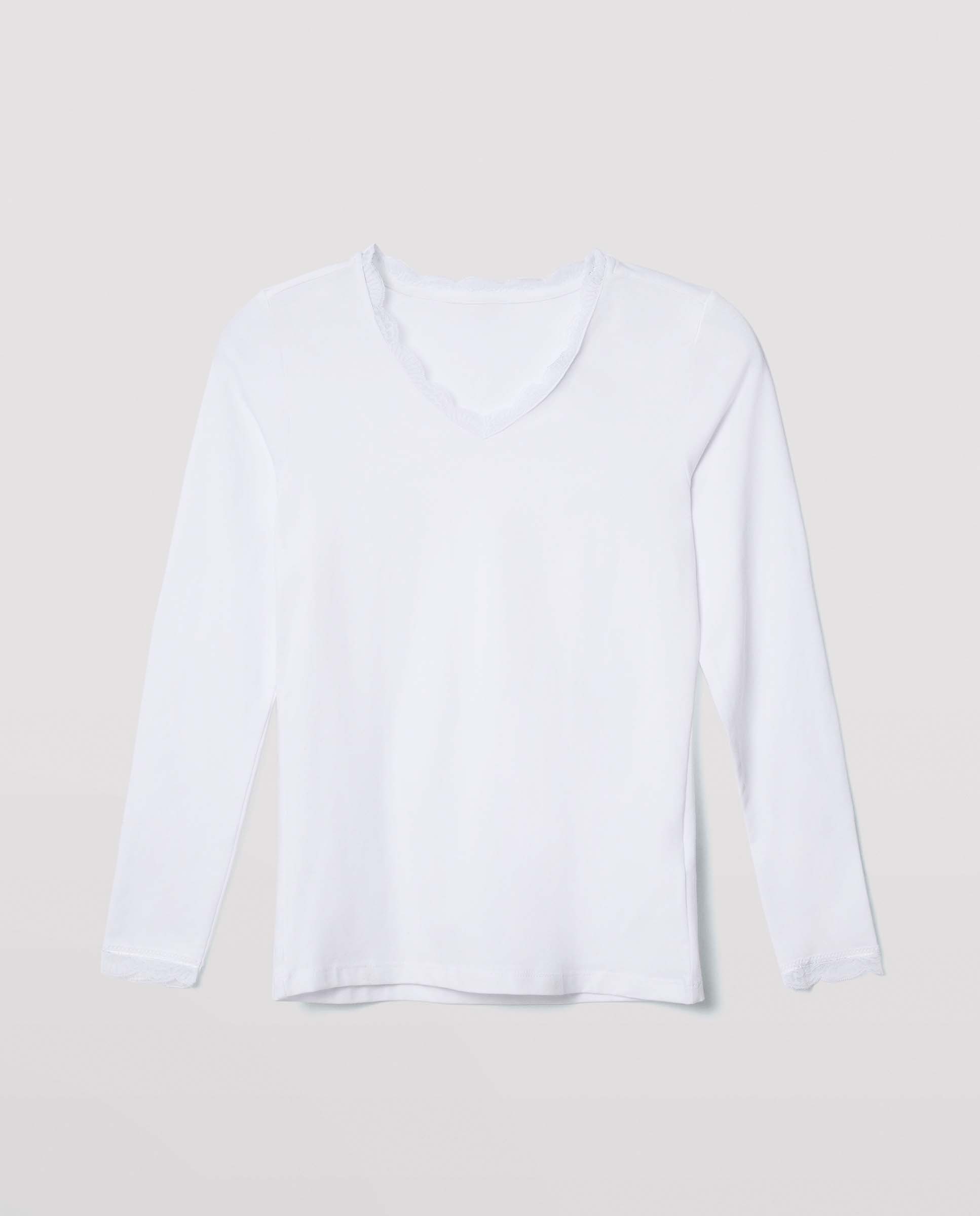 T-shirt Interior Básica Lencera de Manga Comprida em Algodão Branco-3