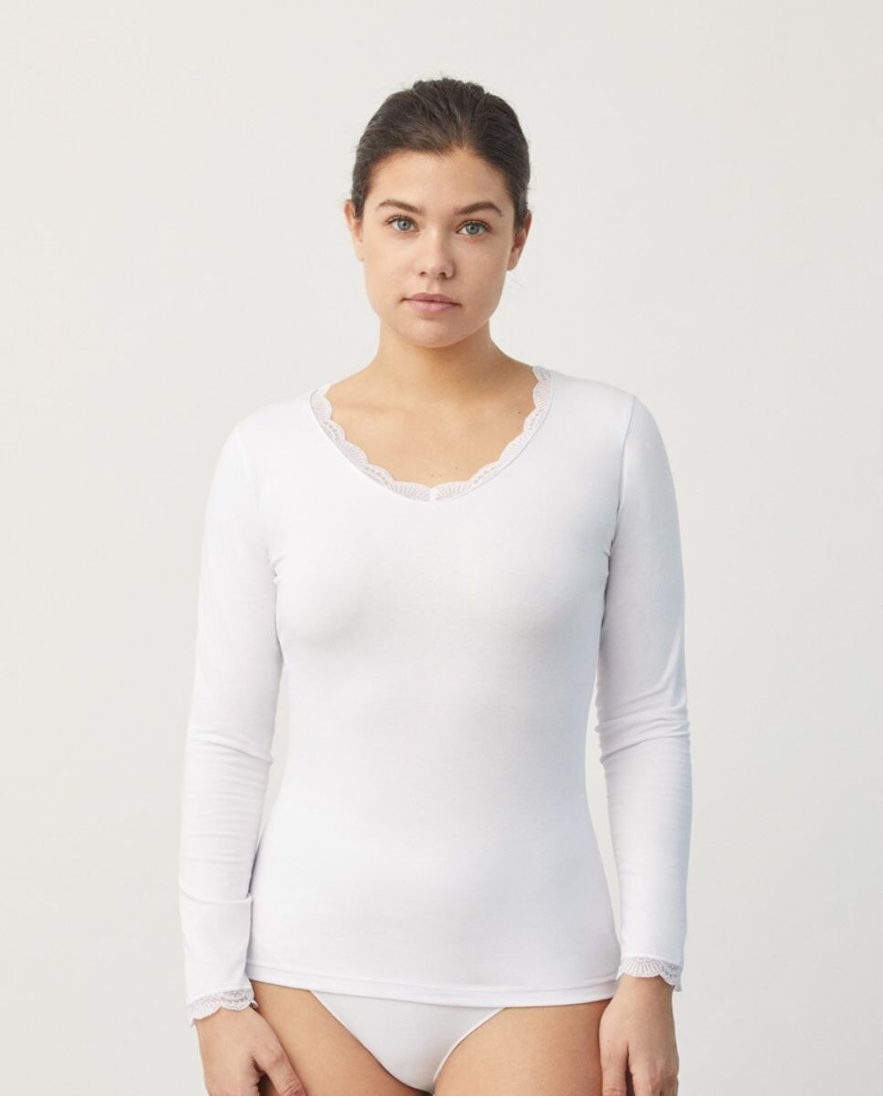 Imagem 0 de T-shirt Interior Básica com Renda de Manga Comprida em Algodão
