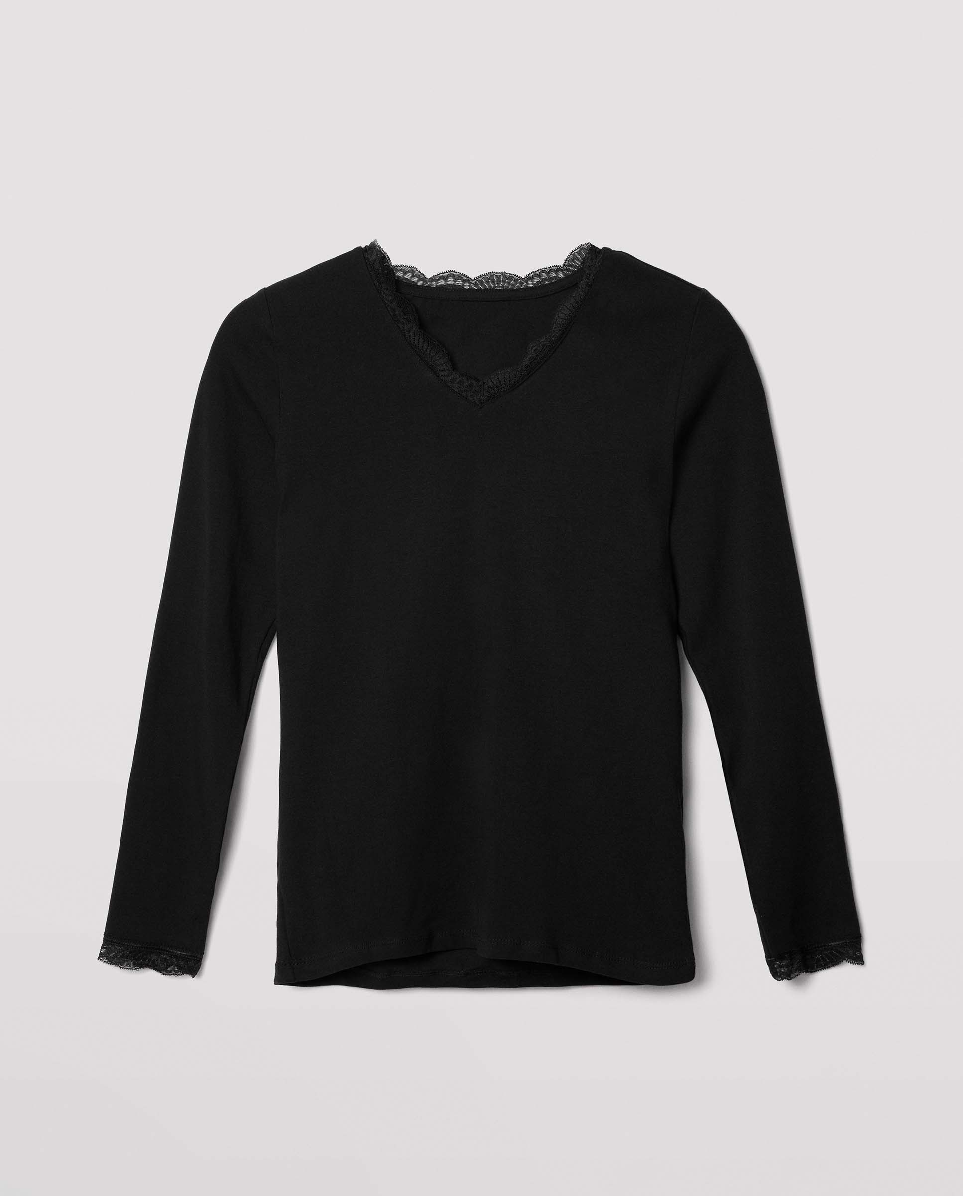 T-shirt Interior Básica com Renda de Manga Comprida Algodão Preto-3