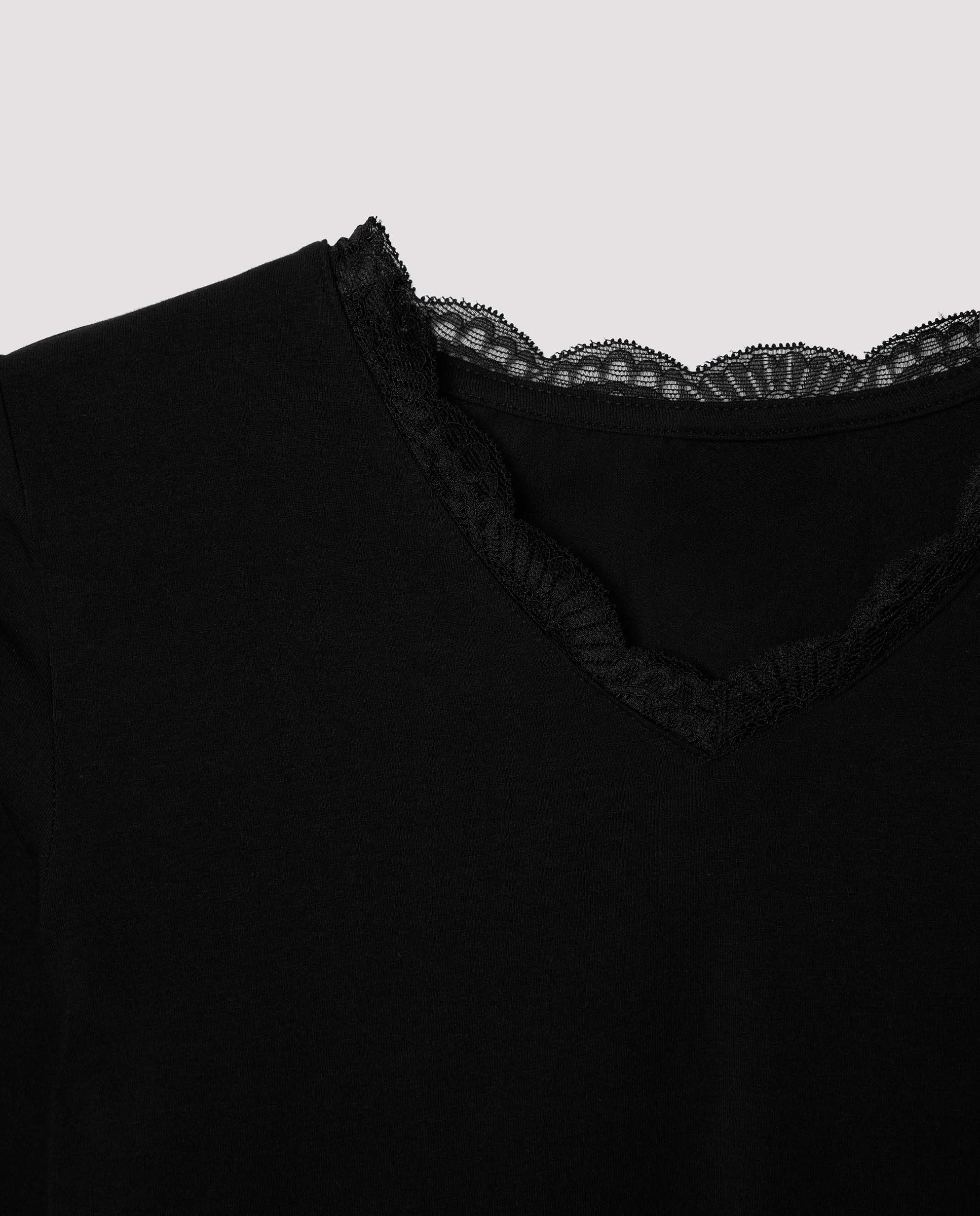 T-shirt Interior Básica com Renda de Manga Comprida Algodão Preto-4