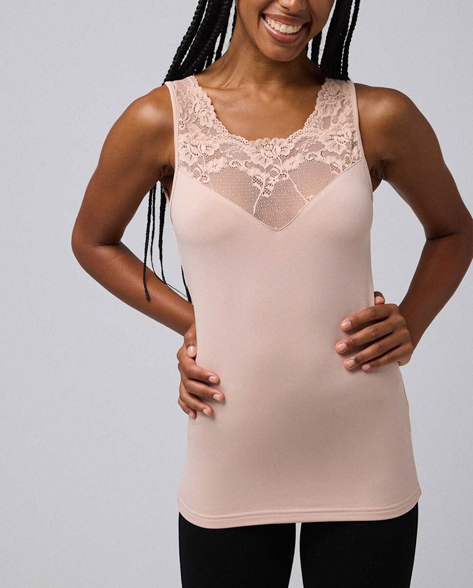 T-shirt Térmica com Renda sem Mangas Nude-2