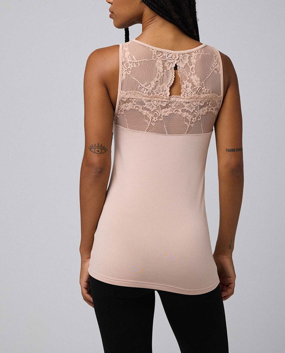 T-shirt Térmica com Renda sem Mangas Nude-3