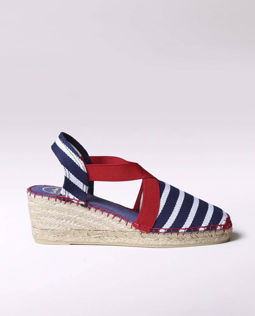 Alpercatas de Cunha em Tecido Às Riscas com Elásticos Azul-marinho-1