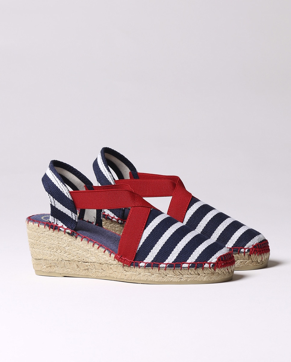 Alpercatas de Cunha em Tecido Às Riscas com Elásticos Azul-marinho-2