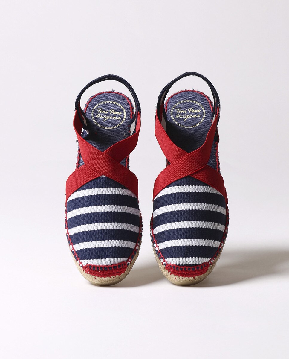 Alpercatas de Cunha em Tecido Às Riscas com Elásticos Azul-marinho-3