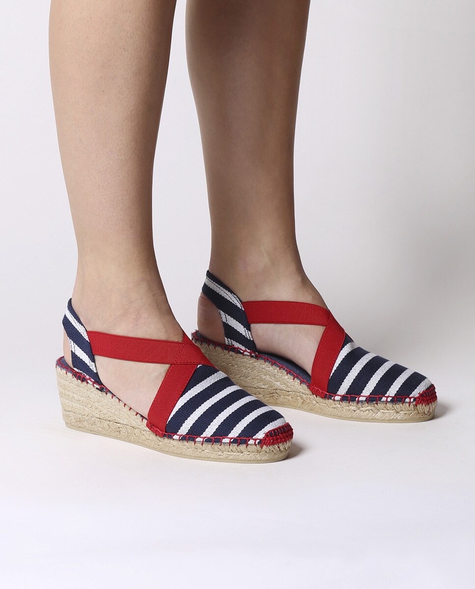 Alpercatas de Cunha em Tecido Às Riscas com Elásticos Azul-marinho-4