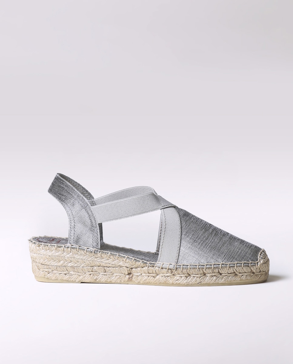 Alpercatas de Cunha em Tecido Brilhante com Elásticos Prata-1