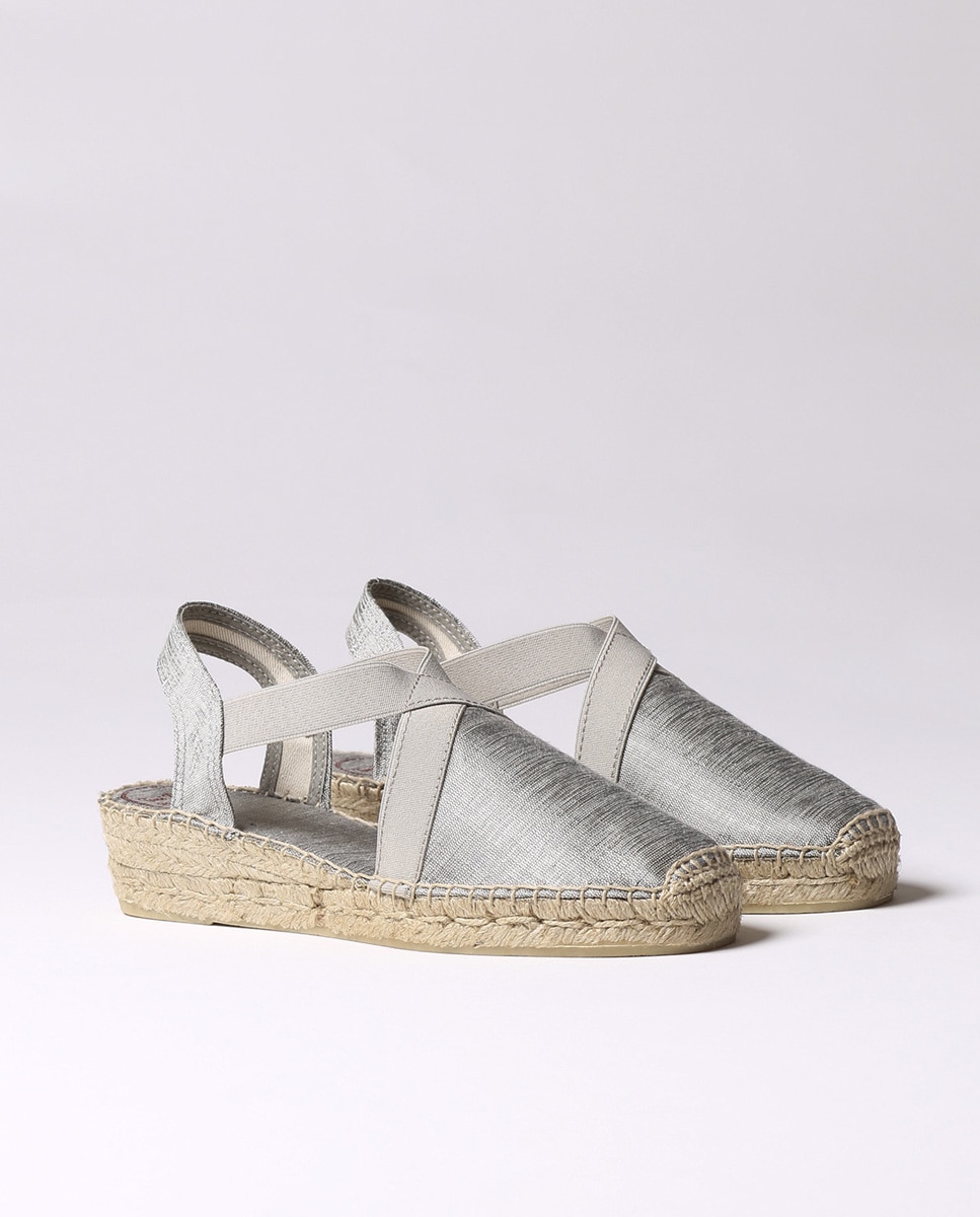 Alpercatas de Cunha em Tecido Brilhante com Elásticos Prata-2