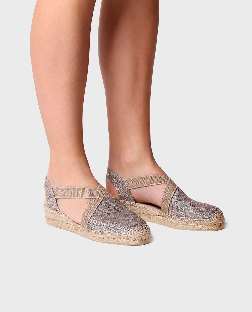 Alpercatas de Cunha em Tecido Brilhante com Elásticos Ouro-4