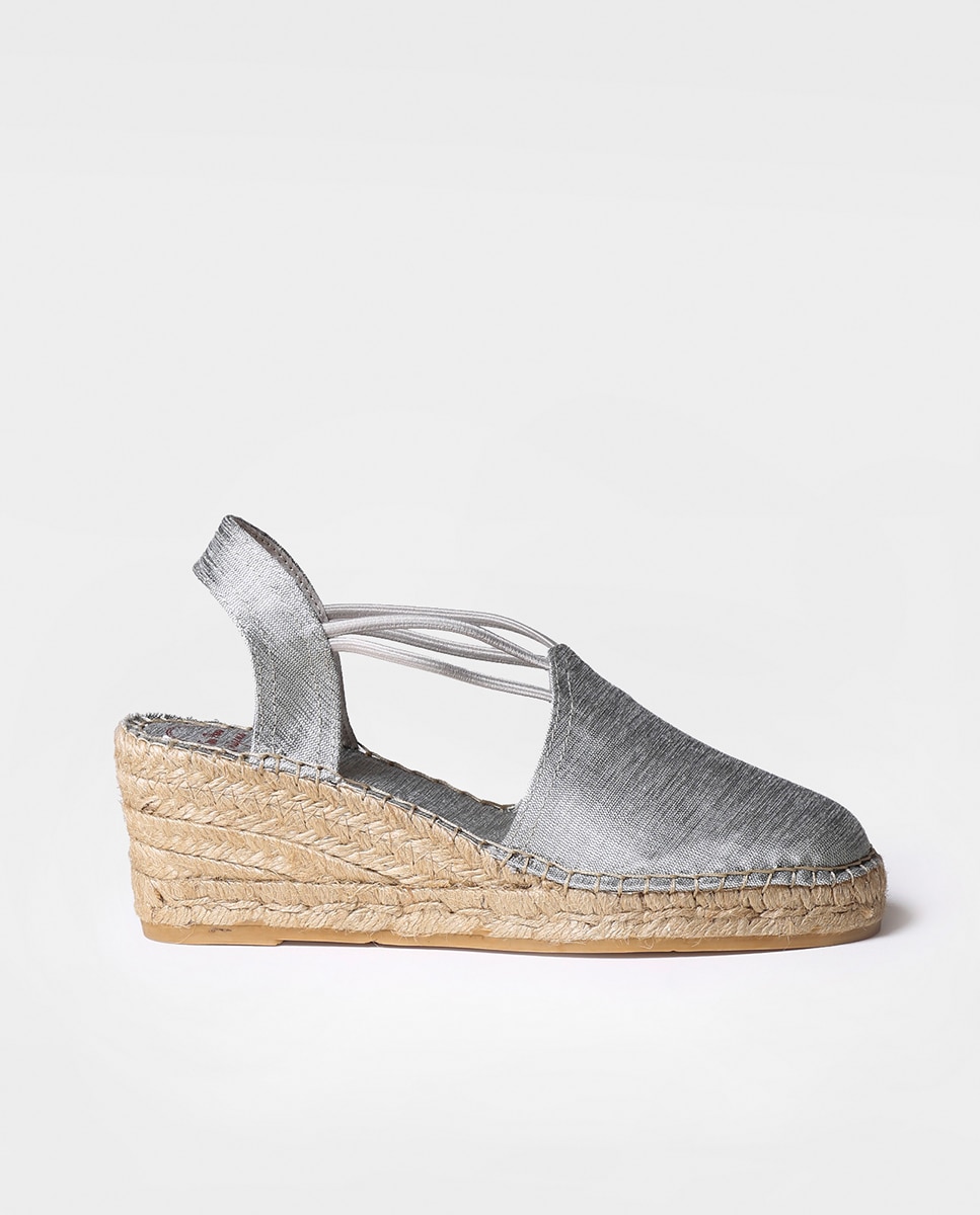 Alpercatas de Cunha em Tecido em Liso com Elásticos Prata-1