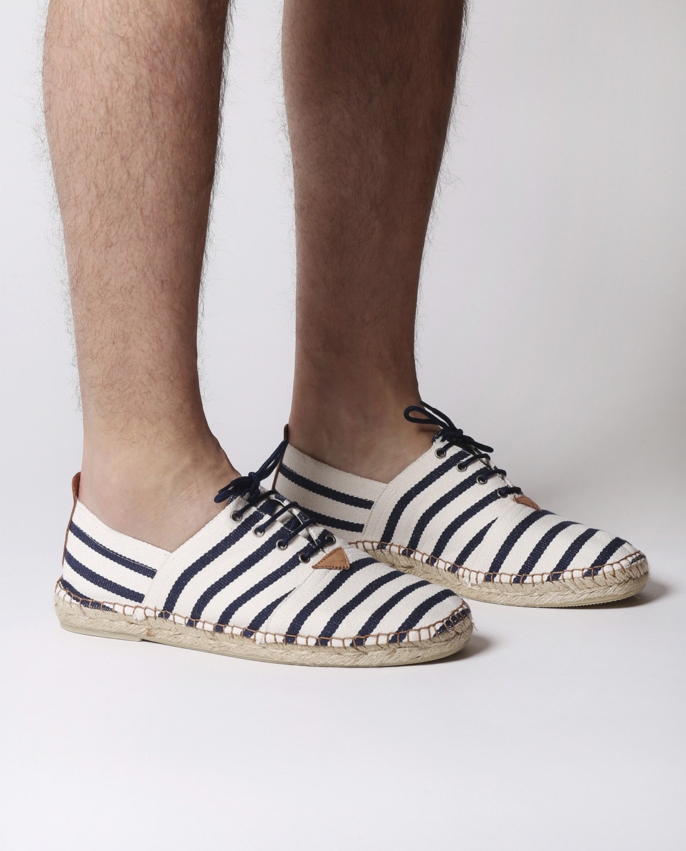 Alpercatas de Algodão com Atacadores e Estampado Às Riscas Bege-4