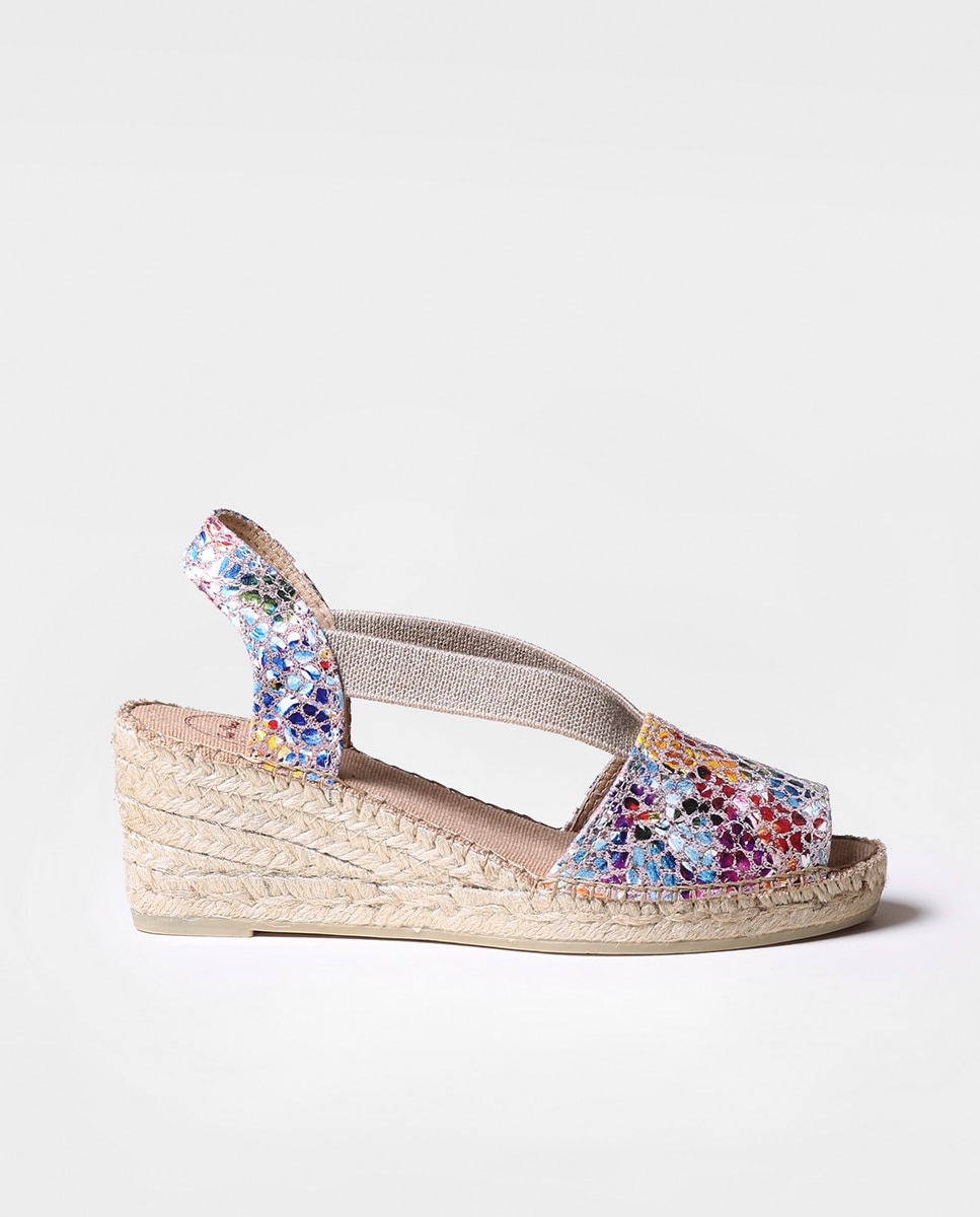 Alpercatas de Cunha em Pele Estampada com Elásticos Multicolor-1