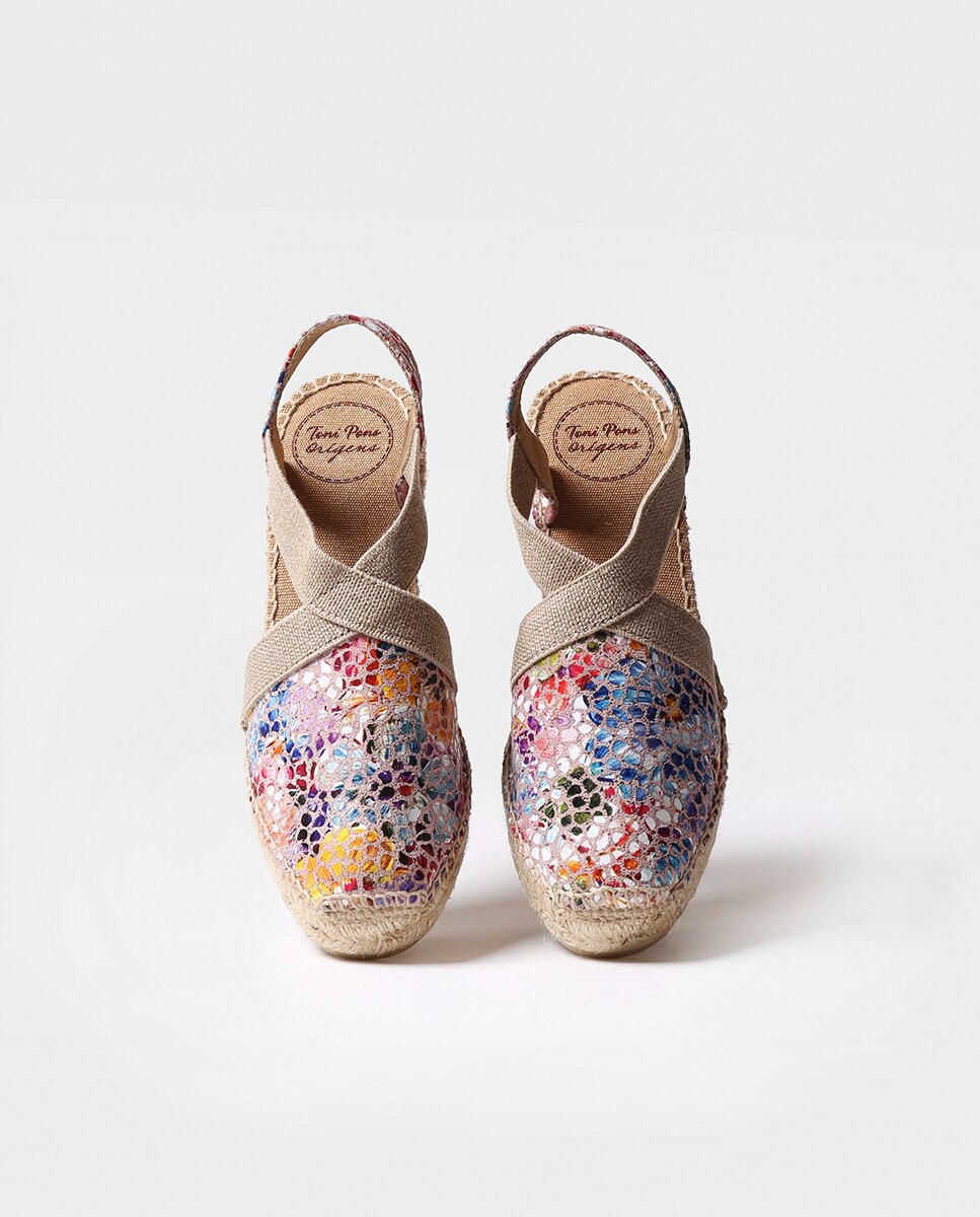 Alpercatas de Cunha em Pele Estampada com Elásticos Multicolor-3