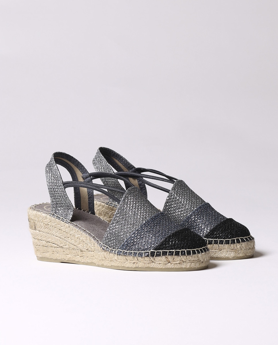 Alpercatas de Cunha em Tecido Brilhante com Elásticos Azul-2