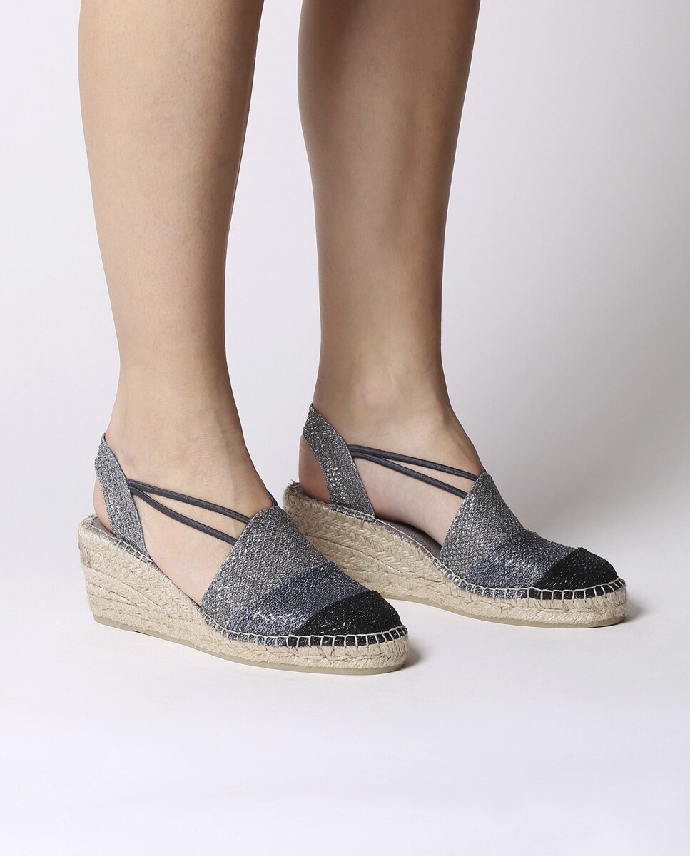 Alpercatas de Cunha em Tecido Brilhante com Elásticos Azul-4