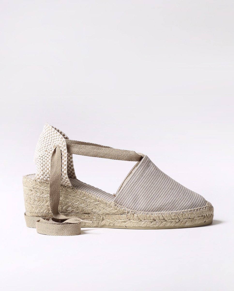 Alpercatas de Cunha em Tecido Às Riscas com Tiras Castanho-1