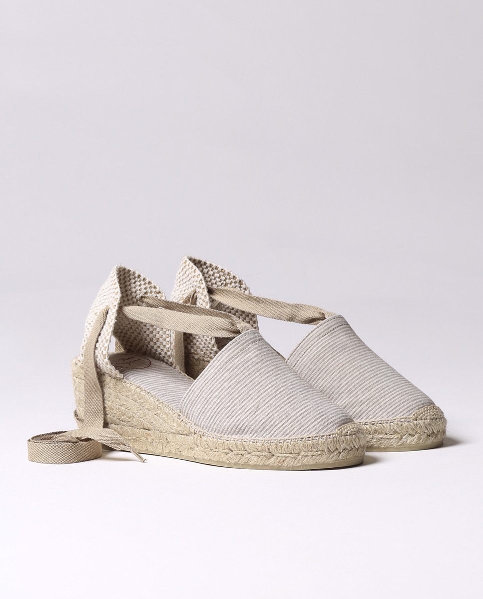 Alpercatas de Cunha em Tecido Às Riscas com Tiras Castanho-2