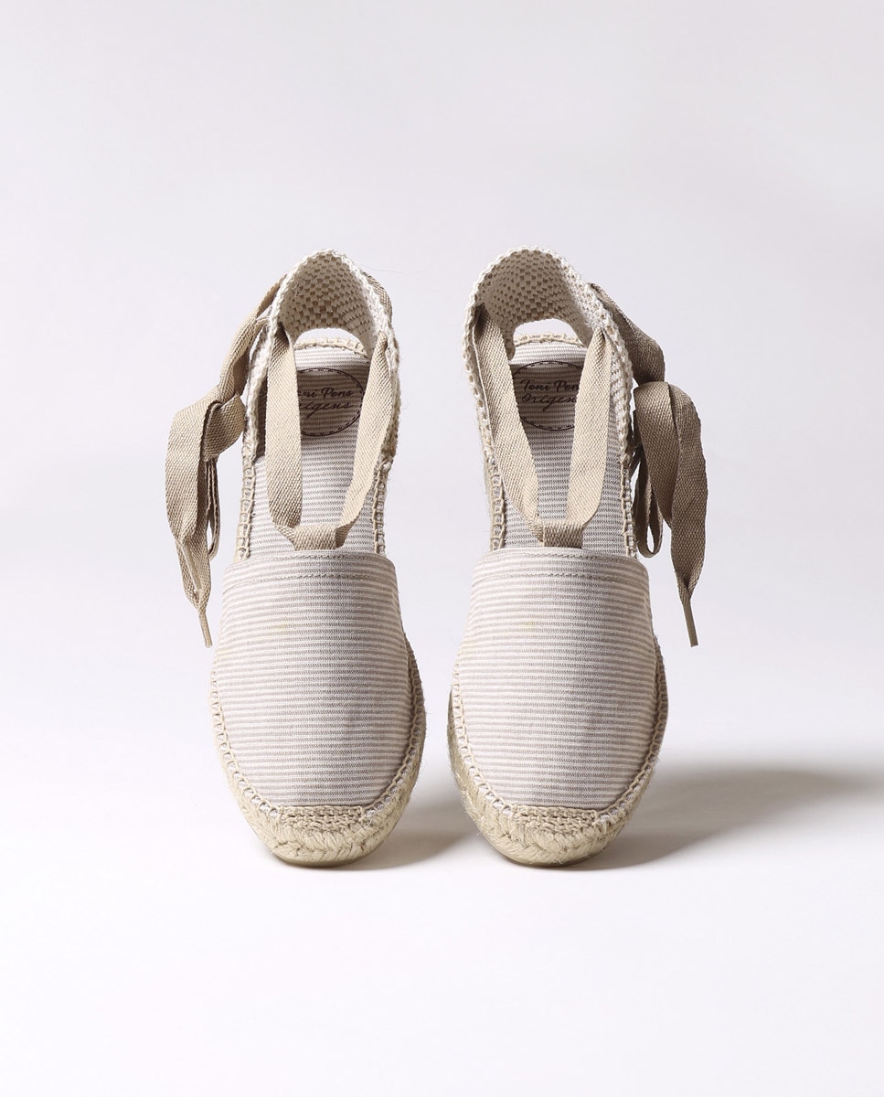 Alpercatas de Cunha em Tecido Às Riscas com Tiras Castanho-3