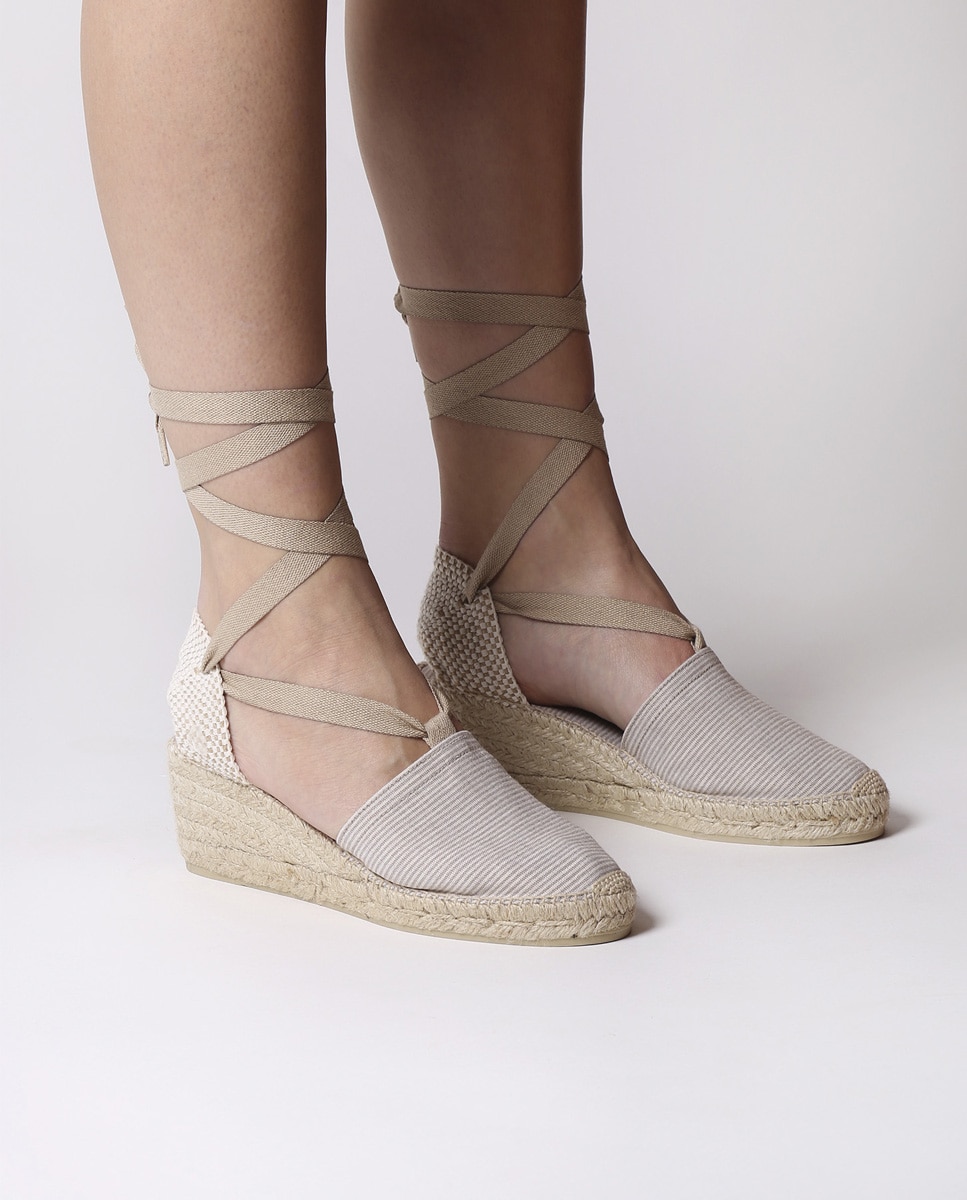 Alpercatas de Cunha em Tecido Às Riscas com Tiras Castanho-4