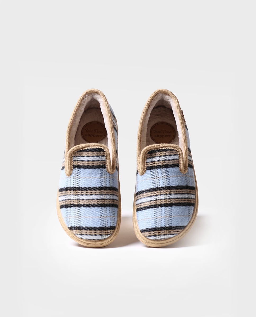 Pantufas Fechadas de Tecido Aos Quadrados Azul-3