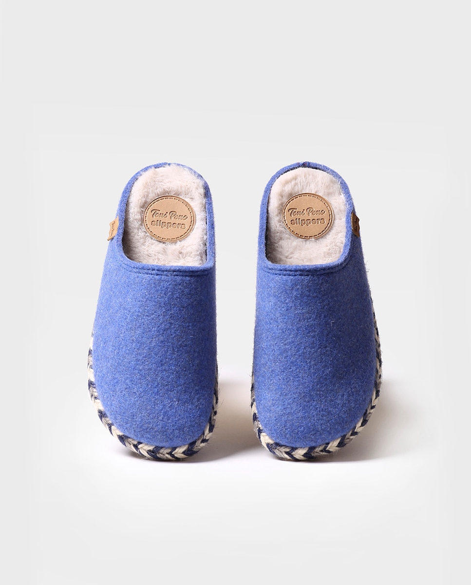 Pantufas Fechadas de Feltro em Liso Azul-3