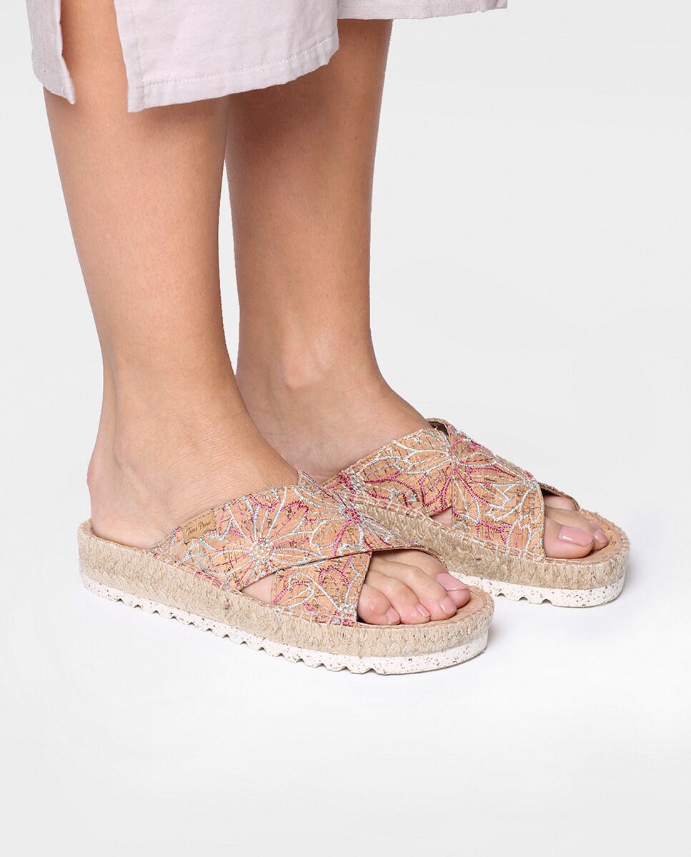 Alpercatas Rasas Abertas de Tecido Estampado Multicolor-4