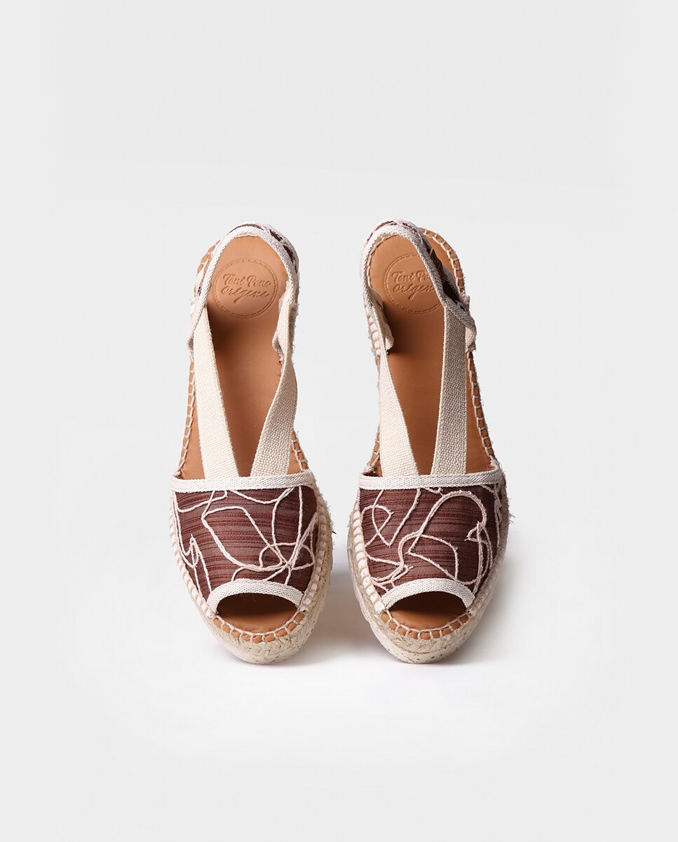 Alpercatas de Cunha em Tecido Estampado com Elásticos Castanho-3