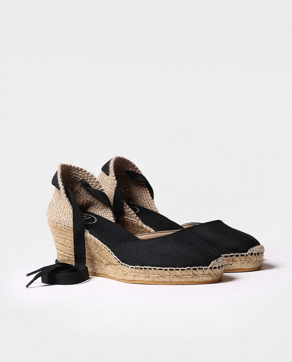 Alpercatas de Cunha em Tecido com Cintas Preto-2