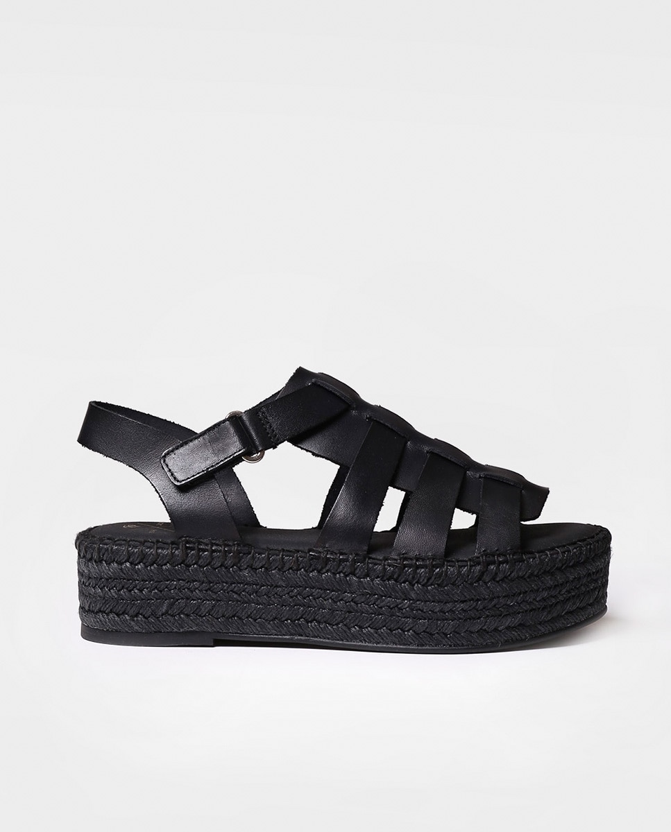 Alpercatas de Plataforma em Pele com Velcro Preto-1