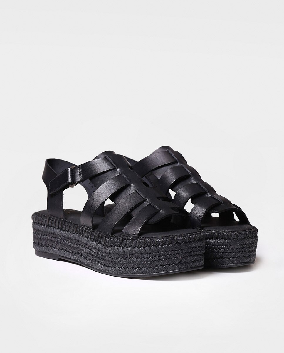 Alpercatas de Plataforma em Pele com Velcro Preto-2