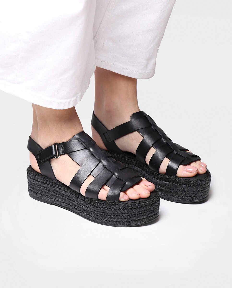 Alpercatas de Plataforma em Pele com Velcro Preto-4