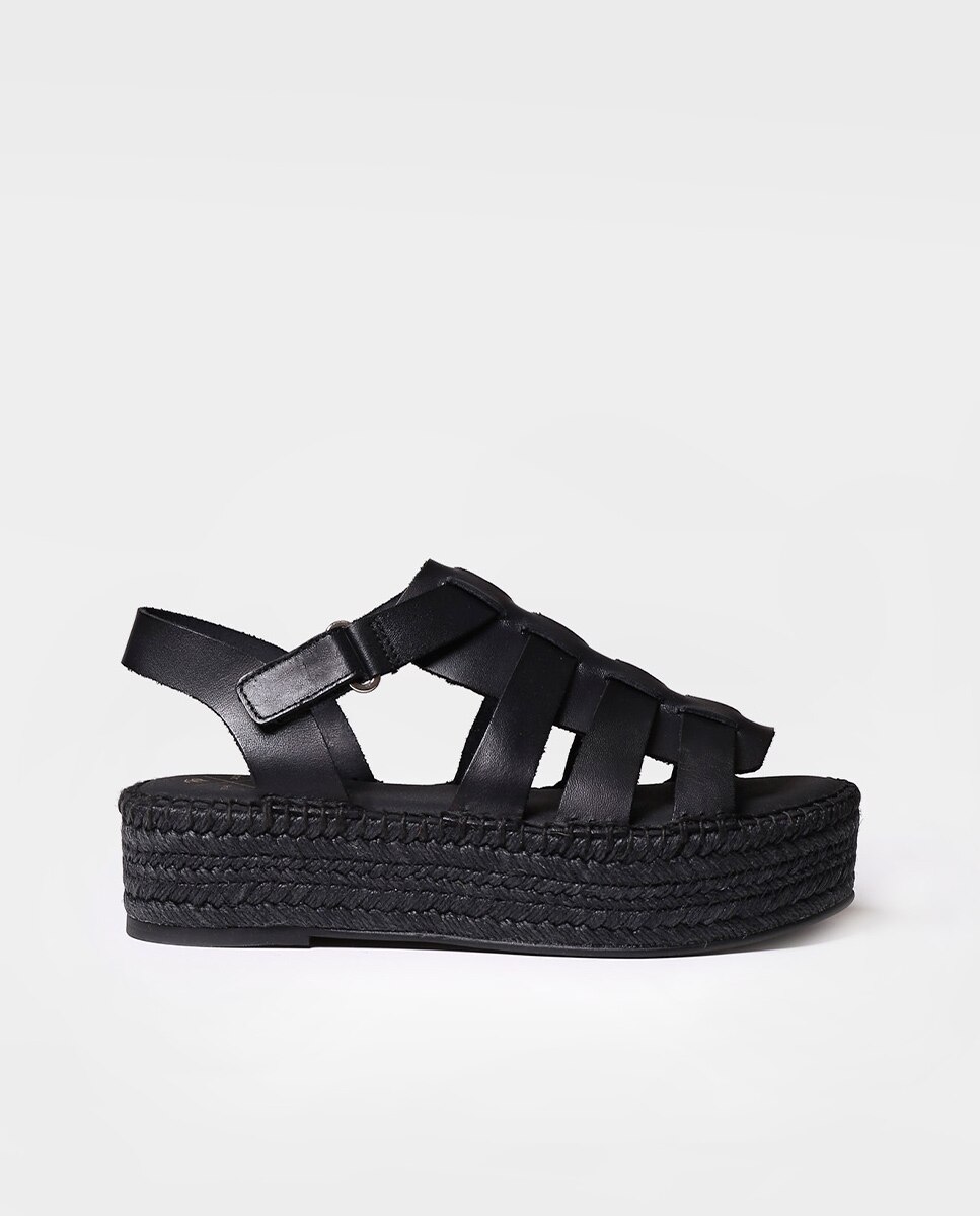 Alpercatas de Plataforma em Pele com Velcro Preto-1