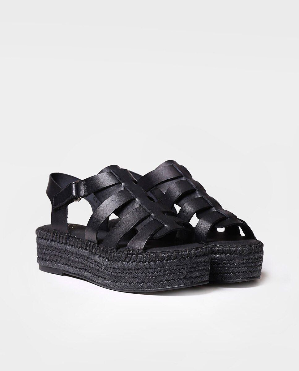 Alpercatas de Plataforma em Pele com Velcro Preto-2
