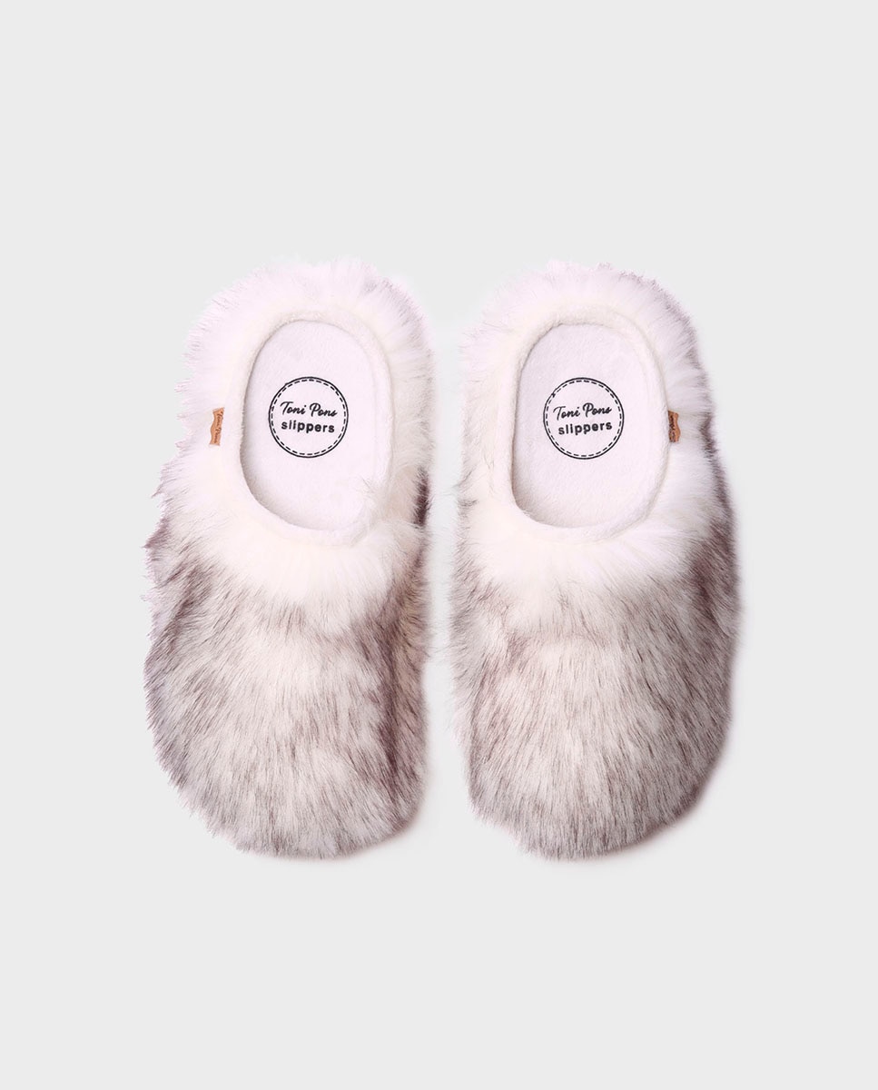 Pantufas Fechadas de Tecido de Pelo Estampado Branco-3