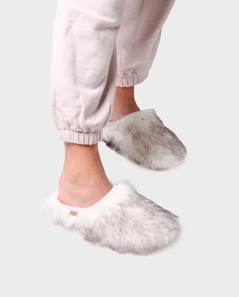 Pantufas Fechadas de Tecido de Pelo Estampado Branco-4