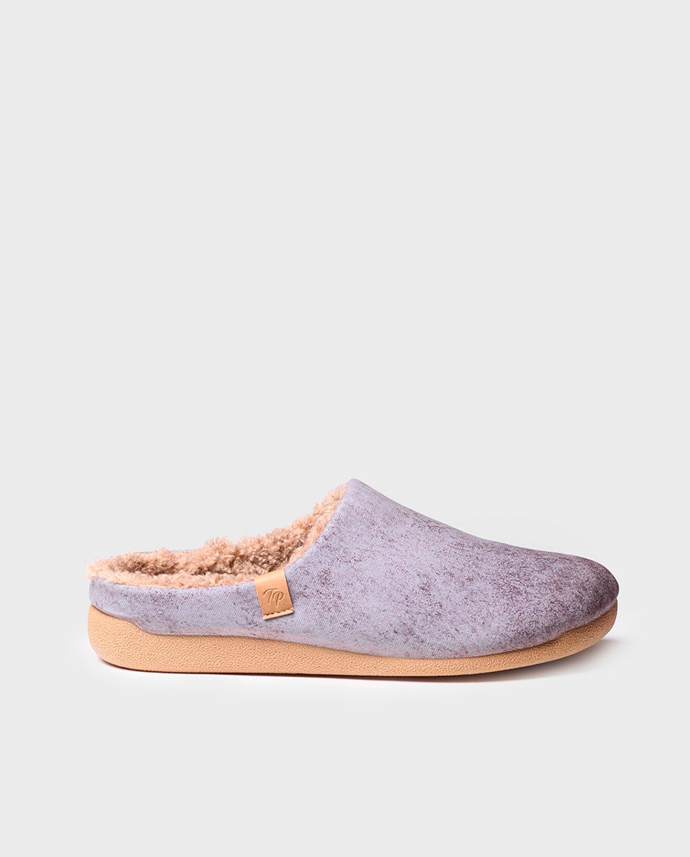 Pantufas de Tecido com Forro de Pelo de Ovelha em Liso Cinzento-1