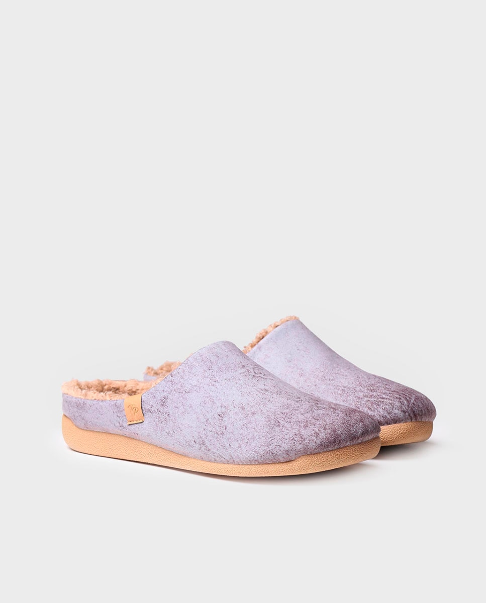 Pantufas de Tecido com Forro de Pelo de Ovelha em Liso Cinzento-2