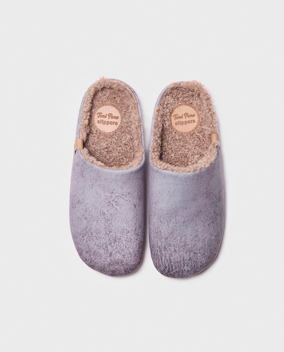Pantufas de Tecido com Forro de Pelo de Ovelha em Liso Cinzento-3