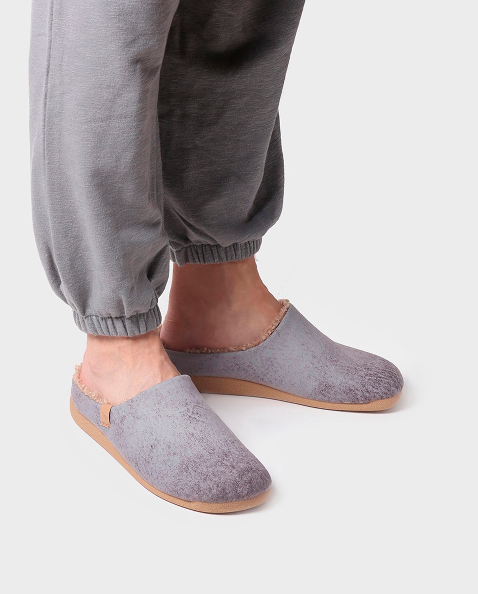 Pantufas de Tecido com Forro de Pelo de Ovelha em Liso Cinzento-4