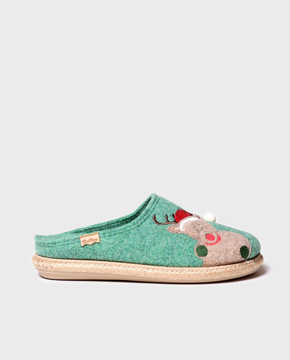 Pantufas Fechadas de Feltro com Bordados Verde-1