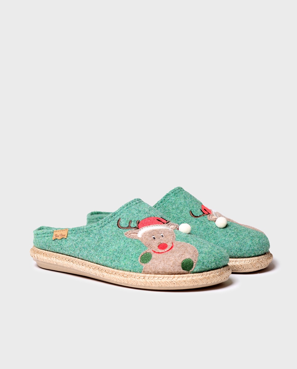 Pantufas Fechadas de Feltro com Bordados Verde-2