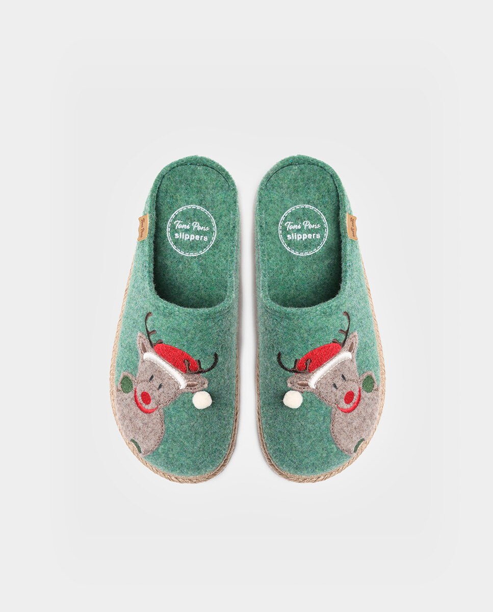 Pantufas Fechadas de Feltro com Bordados Verde-3