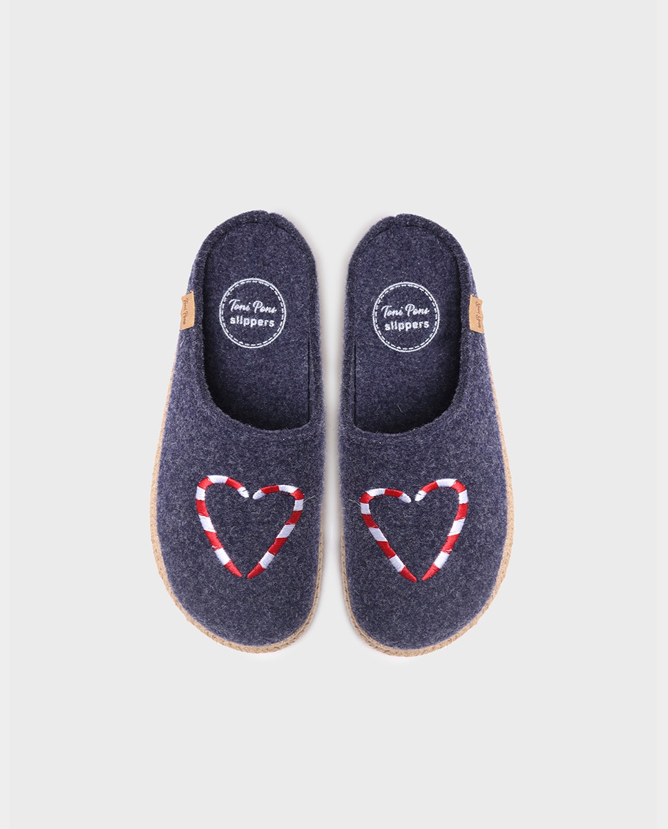 Pantufas Fechadas de Feltro com Bordados Azul-3