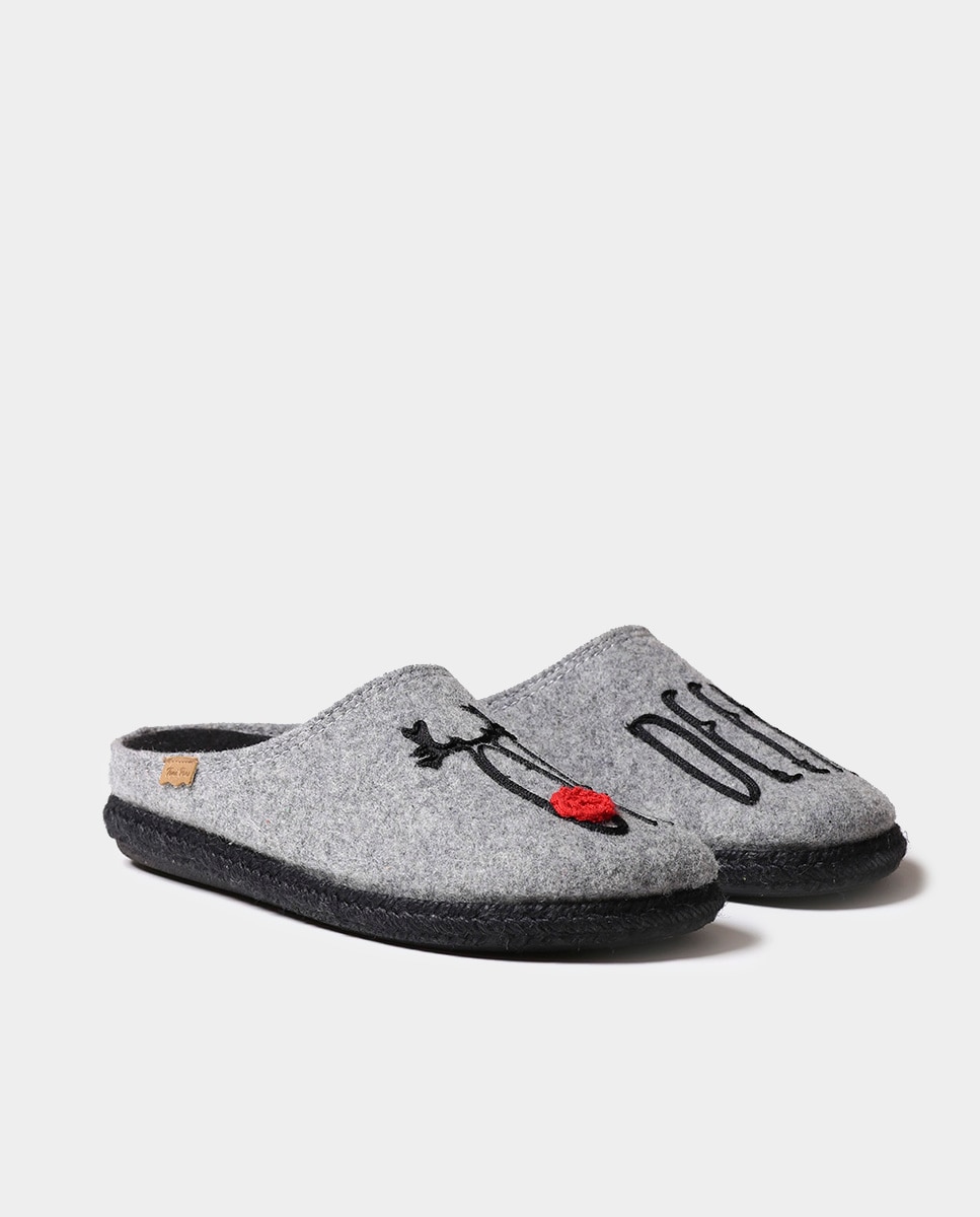 Pantufas de Feltro com Bordados Cinzento-2