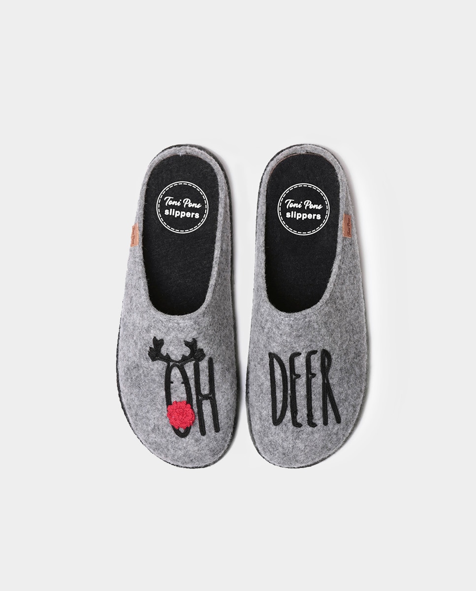 Pantufas de Feltro com Bordados Cinzento-3