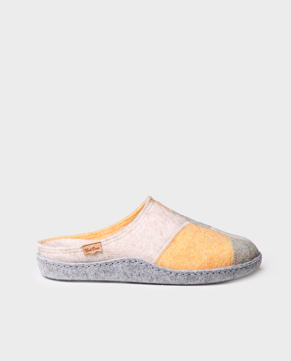 Pantufas Fechadas de Feltro Reciclado Efeito Patchwork Amarelo-1