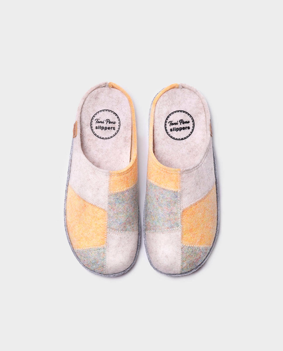 Pantufas Fechadas de Feltro Reciclado Efeito Patchwork Amarelo-3