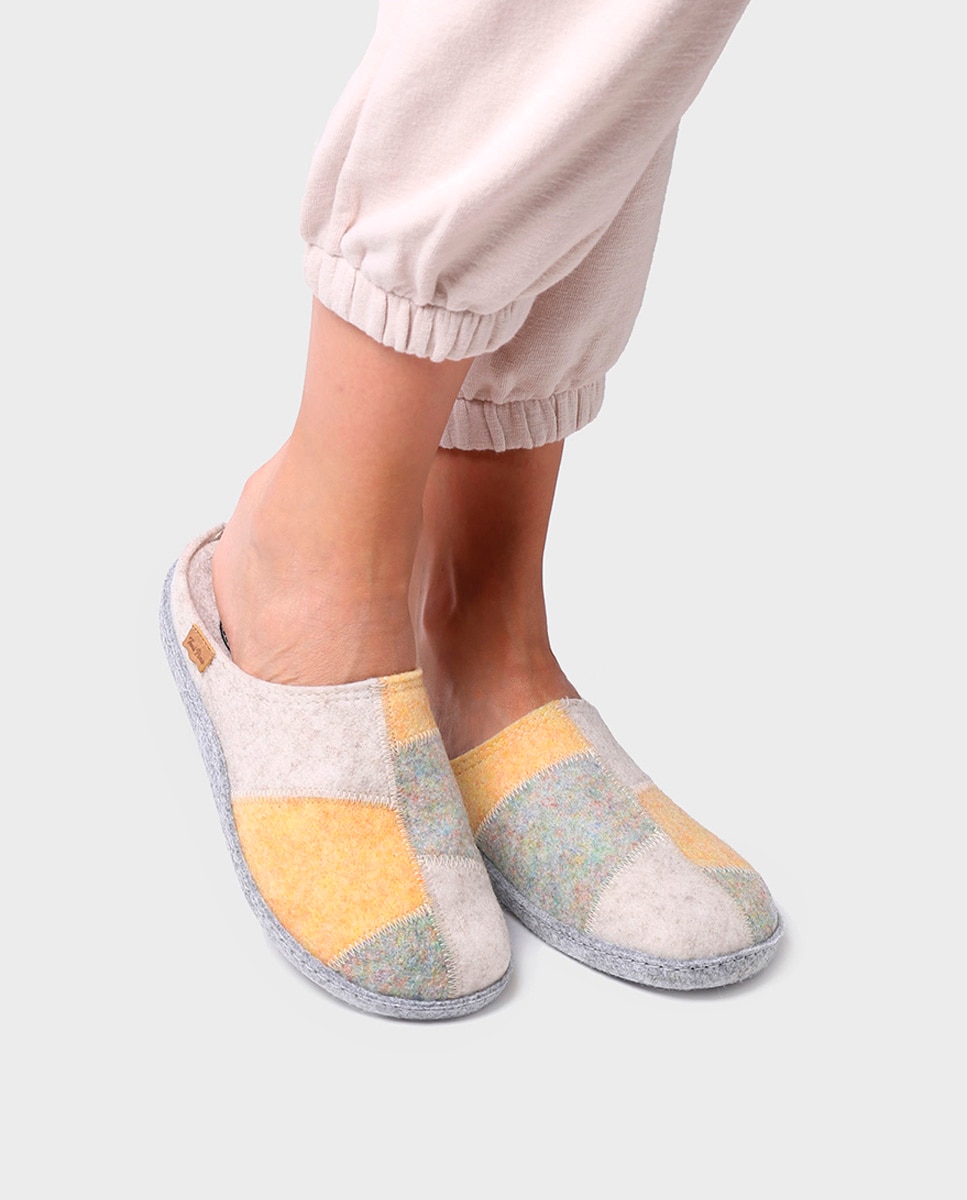Pantufas Fechadas de Feltro Reciclado Efeito Patchwork Amarelo-4